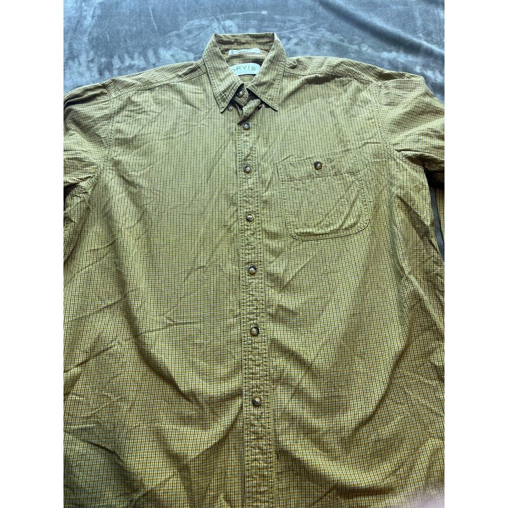 Orvis Yellow & Brown Plaid Long Sleeve Button Up Mens L Casual Shirt